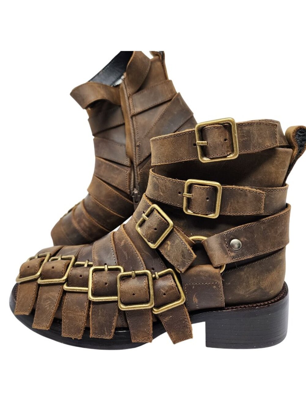 Jeffrey Campbell Brown Leather Belted-Up Buckle Ankle Boots  Women's 5